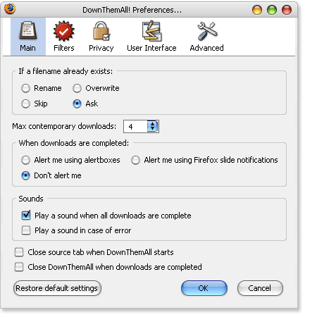 DownThemAll Firefox Extension preference options Manage and Boost Firefox Download Speed DownThemAll