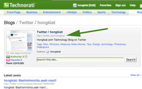 add twitter to technorati